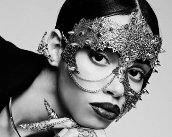 Metal Filigree Mask &quot;Broken&quot; Studded Metal Mask Venice Carnival, Vampire Ball Mask Halloween Headpiece Vampire Face Accessory