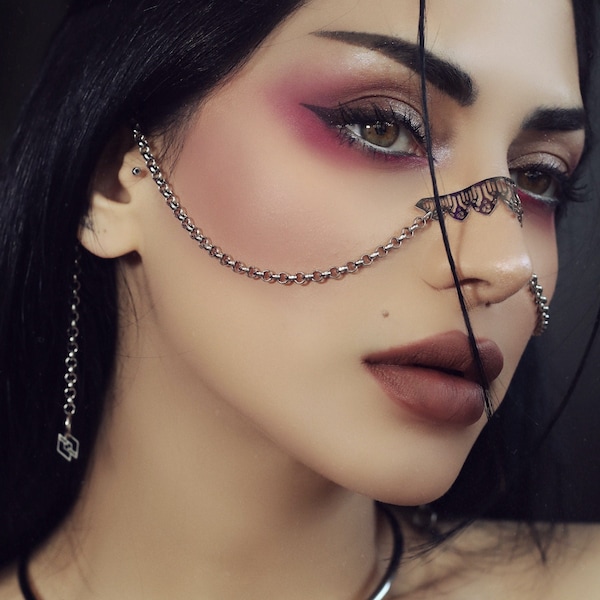 Nose Chain "LIU" Filigree Face Jewelry - Gothic Mask, Goth Valentines Gift, Gothic Wedding Jewelry