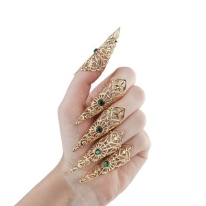 Gothic Finger Claws &quot;Emerald&quot; Gold Nail Tips Goth Jewelry Ring Set Halloween Nail, Vampire Jewelry Ring