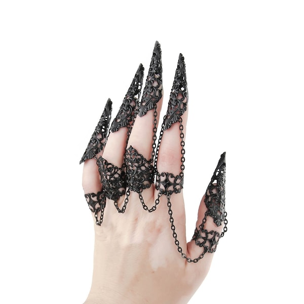 Full Finger Claws "Ashe" Ring Nail Tips Gothic Wedding Jewelry Halloween Nails Vampire Rings, Witch Hand Jewels Gothic Nail Jewels