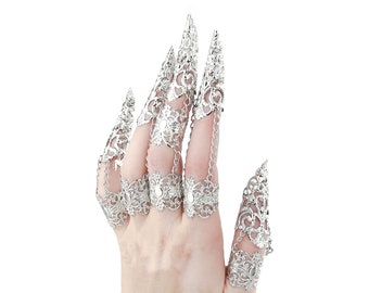 Joyería Whimsigoth: Anillos de garra para dedos completos "Vix", joyería gótica para uñas, joyería gótica para bodas, uñas de Halloween, joyería de uñas de vampiro, joyería wicca para uñas.