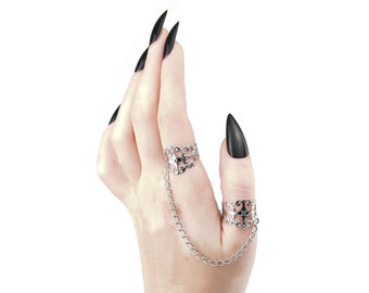 Double Ring &quot;Ream&quot; Full Finger Ring, Dark Ring set - Goth Galentines Day Gift, Gift for Goth Girlfriend, Gothic Wedding Jewelry