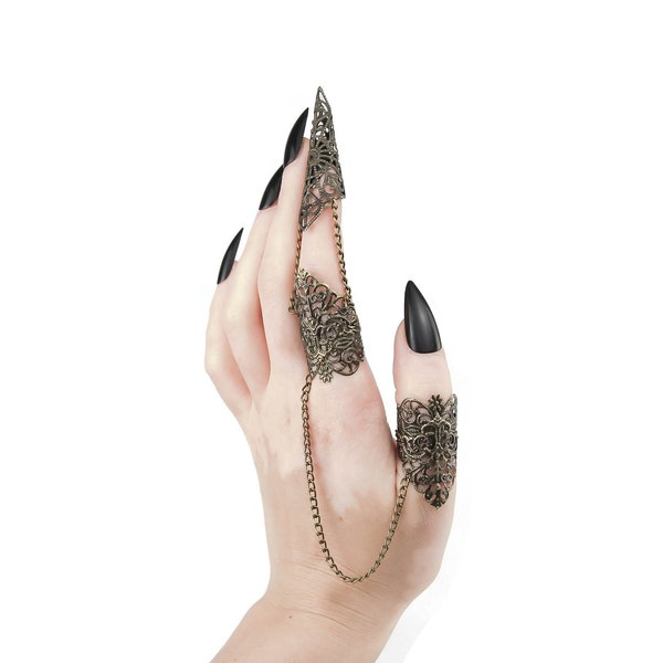 Double Ring Goth Full Finger Ring Claw "Sigit" Creepy Jewelry Gothic Wedding, Goth Girlfriend Gift Idea Claw Ring Halloween Nails