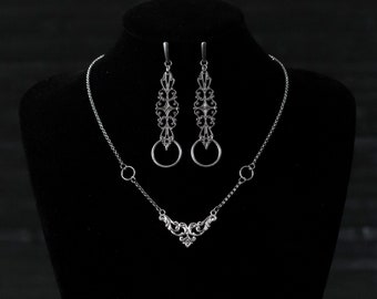 Victoriaanse sieraden set "Amihan" + "Bora" bijpassende ketting oorbellen gotische cadeau-ideeën, goth huwelijkscadeau, heks sieraden set