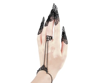 Black Fairy Bracelet Ring Chain Bracelet Belly Dance Hand Jewelry Set, Claw Ring Bracelet Set "Ghibli" Gothic Hand Chain Witch Gift Idea