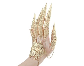 Vollständige Handrüstung mit langen Krallen „Lofn“ Handschmuck Horror, Goth Girl Geschenke Halloween Armband Ring Rave Juwelen Vampirkostüm