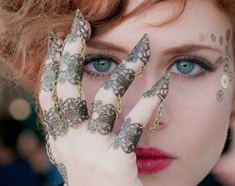 Full Hand Armor Jewelery &quot;Eleine&quot; Claw Rings Halloween Gothic Gift For Her, Halloween Hand Jewelry Drag Queen Nails Halloween