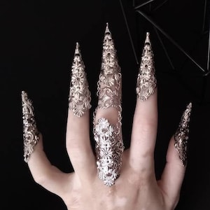 Finger Claw Rings &quot;Rake&quot; Gothic Nail Jewelry Vampire Goth Girl Gift Halloween Jewelry Claw Ring Set, Goth Metal Claw