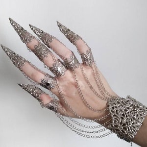 Full Hand Armor &quot;Neko&quot; Claw Rings Halloween Nail Claws Filigree Rings Vampire Jewelry Witch Bracelet Ring