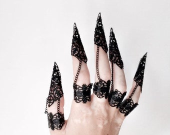 Black Claw Rings Full Finger « Eternity » Bijoux noirs Vampire Gothic Cadeau pour elle, Fetish Sensory Play, Goth Wedding Jewelry, Halloween Ring