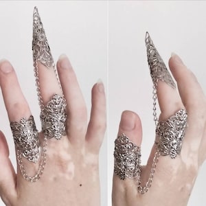 ダブルリング、フルフィンガーリング、クローリング「Sigit」ビクトリア朝ジュエリー - 不気味なジュエリー、ゴシックウェディング、ガールフレンドへのギフトアイデア、ゴスバレンタイン