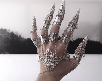 Armure à main complète « Tidde » Claw Rings Halloween Nail Claws Vampire Jewelry Witch Bracelet, Cadeau pour petite amie Goth, Bijoux de mariage gothiques