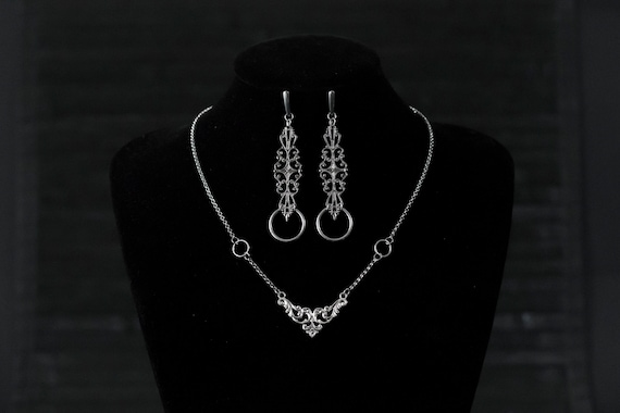 Victorian Jewelry Set "Amihan" + "Bora" Matching Necklace Earrings Gothic Gift Ideas, Goth Wedding Gift, Witch Jewelry Set