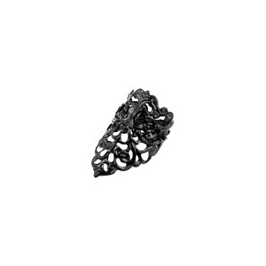 May include: A black filigree ring with a delicate, intricate design. The ring is made of metal and has a pointed shape.