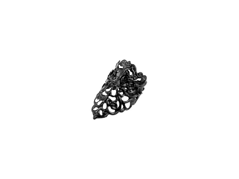 May include: A black filigree ring with a delicate, intricate design. The ring is made of metal and has a pointed shape.