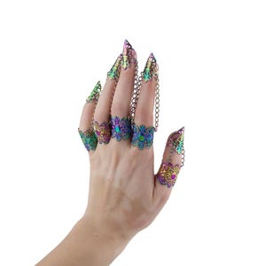 Garras de metal negro "Antracita", regalo gótico de Halloween, anillos negros para uñas, joyería espeluznante, regalo para chica gótica, uñas de vampiro para Halloween. Arcoíris