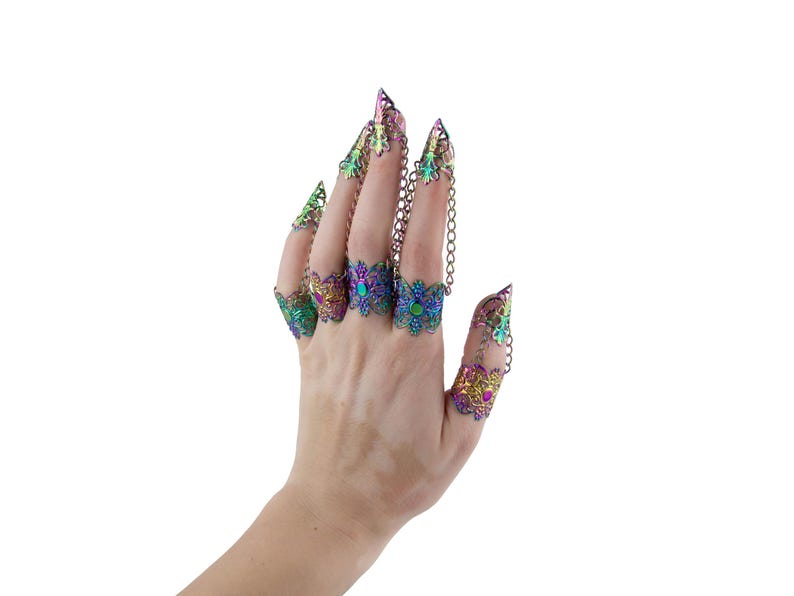 Garras de metal negro "Antracita", regalo gótico de Halloween, anillos negros para uñas, joyería espeluznante, regalo para chica gótica, uñas de vampiro para Halloween. Arcoíris