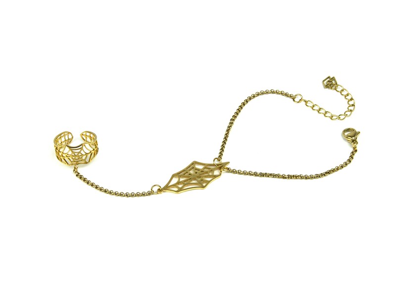 Spiderweb Ring Chain Bracelet "Arachne" Fairy Bracelet Belly Dance Jewelry Halloween Ring Bracelet Cobweb Jewels Halloween Hand Chain Gold