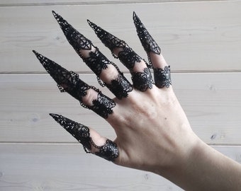 Zwarte vingerklauwringen "Sylva" - Gotische nagelsieraden, vampiersieraden, Valentijnscadeau, Goth Valentijn