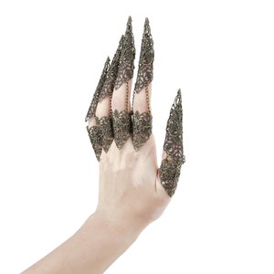 May include: A hand wearing five ornate, gold-toned finger rings. The rings are designed to resemble claws and are intricately detailed with a filigree pattern.