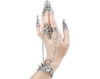Jewelry Set Goth Ring Chain Bracelet "Andhi" Fairy Bracelet Hand Chain Halloween Ring Bracelet, Horror Jewelry Bracelet