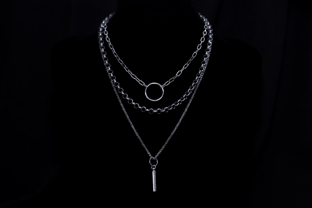 Silver Chain Necklace "Meet Me" Multi-Strand Necklace Punk Chunky Choker, Grunge Chain Jewelry Gift for Goth Girlfriend