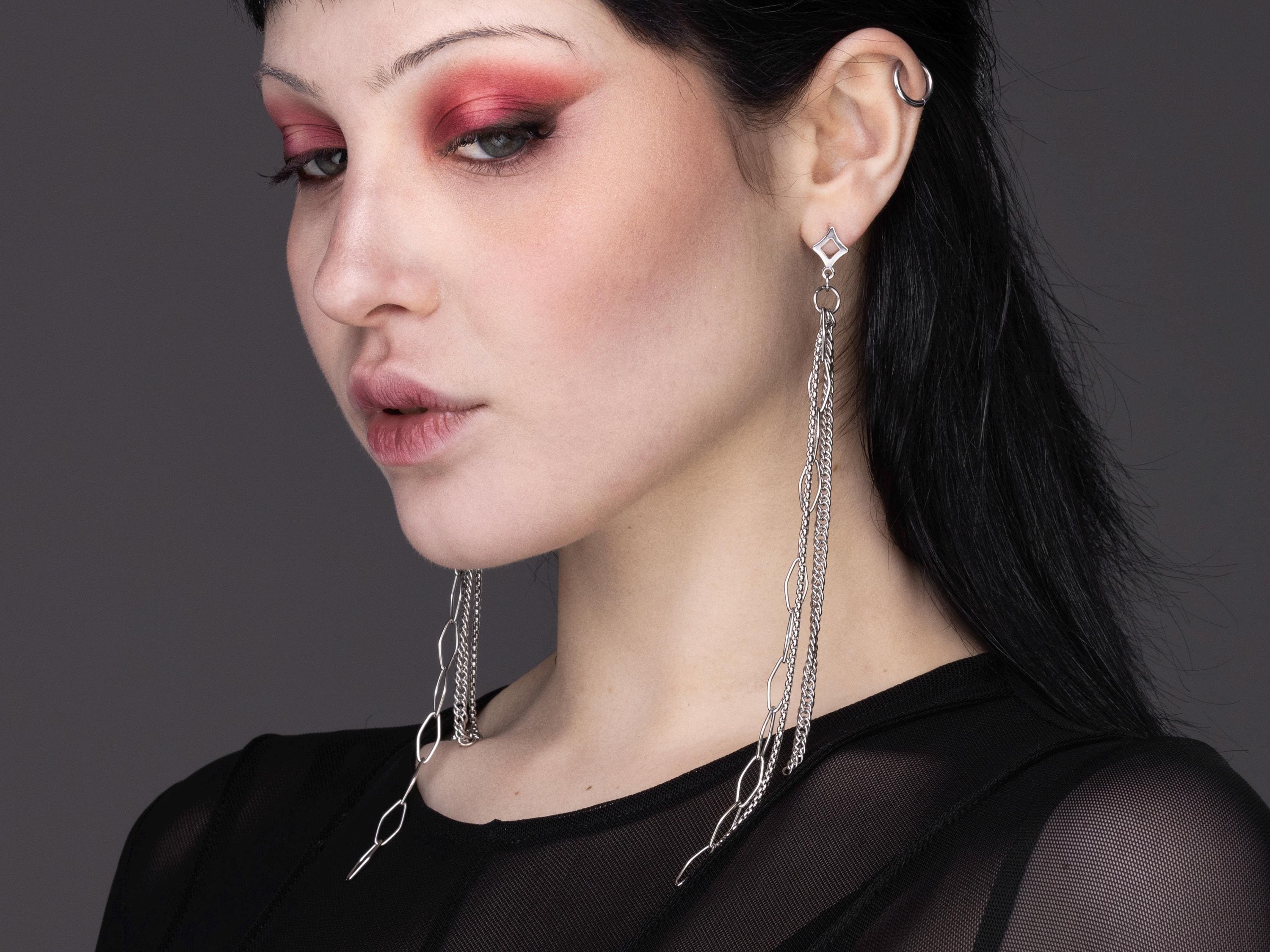 Long Chain Earrings "Abyssa" Neo Gothic Chandelier Earrings Daily Dark Jewelry Goth Festival Bold Earrings Extra Long - Xmas Goth Gift
