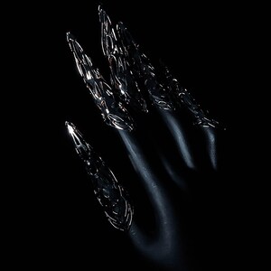 May include: A black hand with long, sharp, silver claws. The claws are intricately designed and have a metallic sheen.