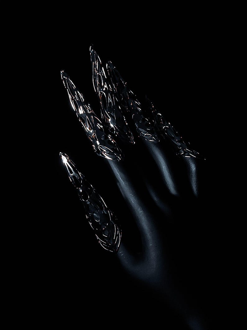 May include: A black hand with long, sharp, silver claws. The claws are intricately designed and have a metallic sheen.