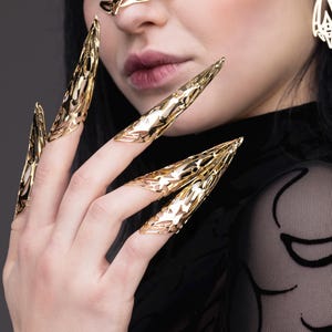 May include: Gold-toned claw-shaped rings worn on multiple fingers. The rings are intricate and detailed, resembling a sharp, pointed claw.
