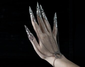Hand ketting armband, festival sieraden, klauw armband, metalen handschoen - "Halni", Vampier sieraden, Goth huwelijkscadeau, Valentijnsgotisch cadeau