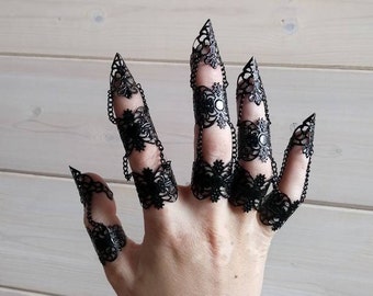 Black Hand Armor Jewelry "Eleine" Claw Rings Gothic Gift Ideas, Goth Galentines Day Gift, Gift for Goth Girlfriend, Gothic Wedding Jewelry