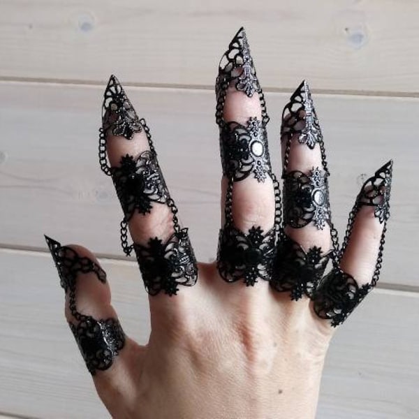 Bijoux d’armure de main noire « Eleine » Claw Rings Idées cadeaux gothiques, Cadeau de la fête de Goth Galentines, Cadeau pour petite amie Goth, Bijoux de mariage gothiques