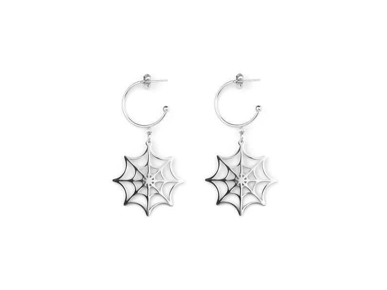 Discover the allure of dark elegance with Myril Jewels' half hoop spiderweb earrings, a quintessential piece for the neo-gothic connoisseur.
