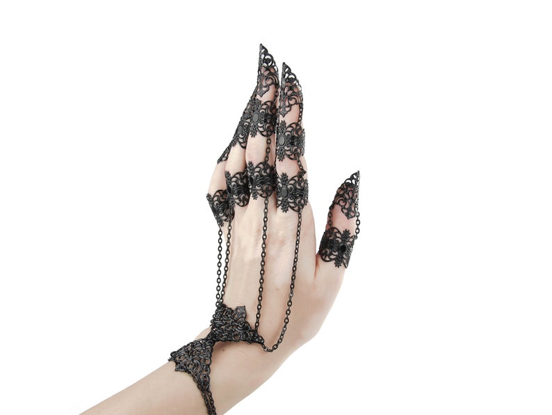 Full Hand Claws Ophelia Gothic Jewelry Gift Finger Claw Goth Galentines Day Gift, Gift for Goth Girlfriend, Gothic Halloween Jewelry Black