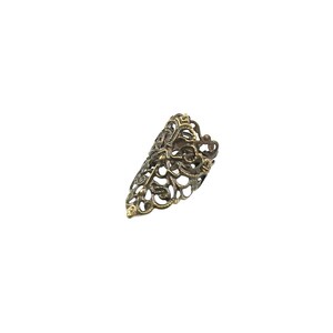 May include: A gold-toned filigree ring with a delicate, intricate design. The ring is open and adjustable to fit most finger sizes.
