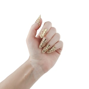 Puede incluir: Una mano con cinco anillos de garra de color dorado con dise&ntilde;os intrincados.