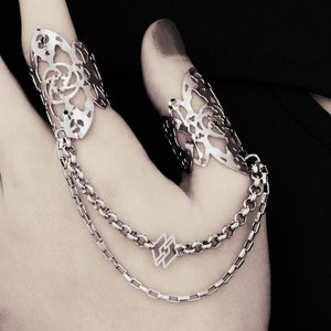 Wide Goth Double Ring "Nikki" Full Finger Ring, Dark Ring set Gift for Goth Girlfriend, Gothic Wedding Jewelry, Halloween Statement Ring