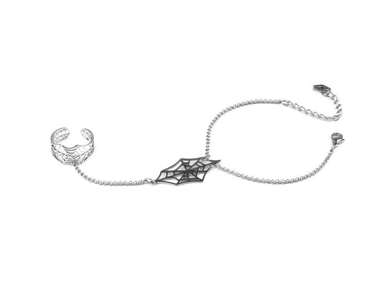 May include: A silver chain bracelet with a black spiderweb charm and a matching ring. The bracelet has a lobster clasp closure.
