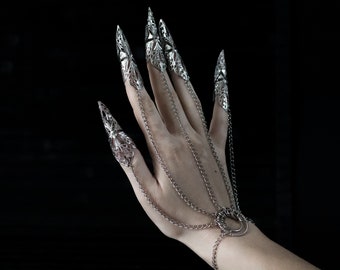 Hand Chain Bracelet &quot;Halni&quot; Rave Jewelry Claw Bracelet Metal Glove Vampire Jewelry, Goth Wedding Gift, Halloween Nails Vampire