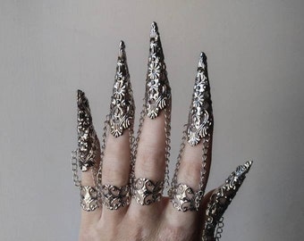 Armure à main complète « Alik » Griffes de doigts gothiques - Ongle foncé - Bijoux foncés, Bijoux vampire, Bague d’Halloween, Costume d’Halloween