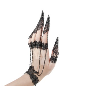 Zwarte handpantser &quot;Mahafsoun&quot; metalen handschoen met klauwringen cadeau voor Goth-vriendin, gotische huwelijksjuwelen, Halloween-juwelen vampierarmband