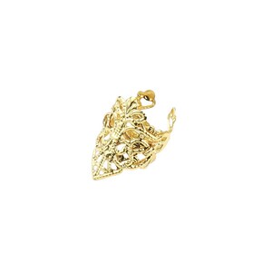 May include: Gold filigree ring with a pointed design. The ring is made of intricate metalwork and has a delicate, ornate look.