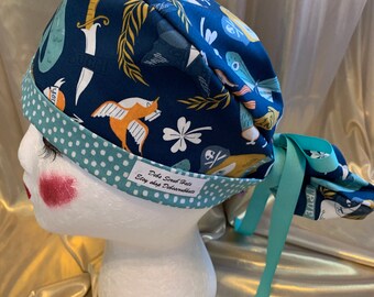 Nautical Ponytail Scrub Cap, Handmade Cotton Nurse Hat