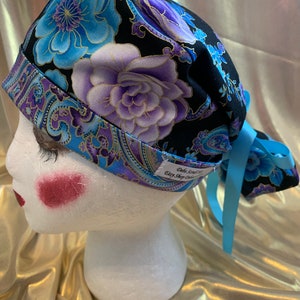 Blue and Purple Floral Ponytail Scrub Hat- women’s scrub hat, ponytail scrub hat, scrub cap, surgical cap, surgical hat