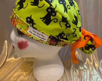 Halloween Black Cat Ponytail Scrub Hat, Women's Ribbon Tie