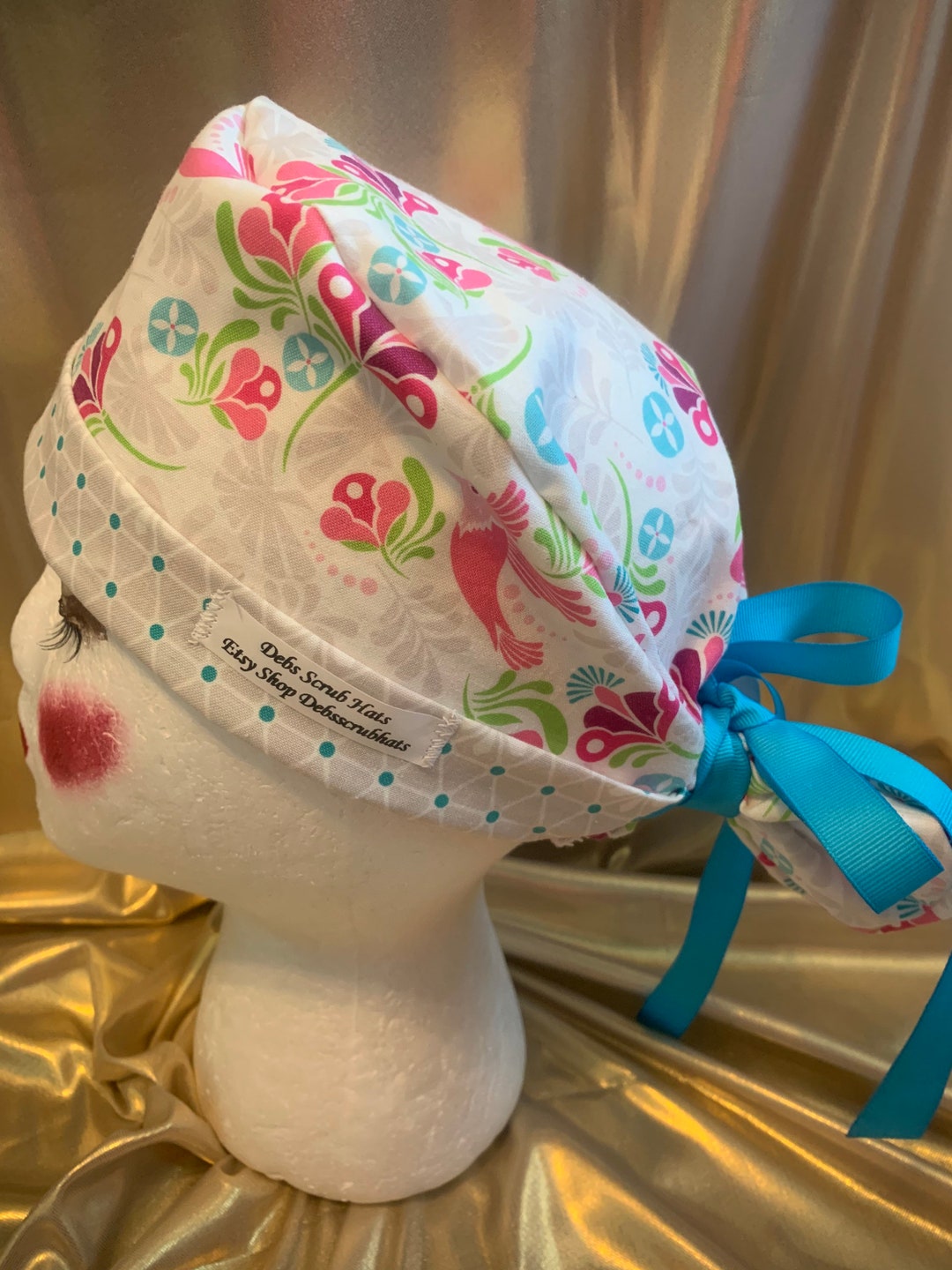 Nurses Scrub Hats/ Hummingbird in Pink and Blue Ponytail Scrub Hat