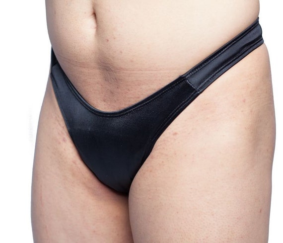 Gaff Panty for Crossdressing Men and Trans-women. Black satin Thong Back. 