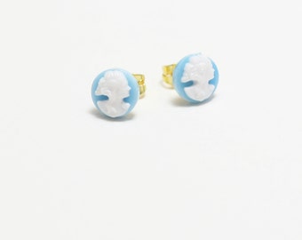 Pendientes de Cameo de La Chica, Pequeños Pendientes Cameo, Pendientes de Silueta, Pendientes de Poste de Cabujón Azul, Pendientes de la chica de la flor, Pendientes de la resina