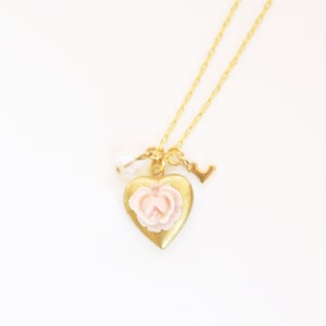Girl&#39;s Personalized Locket Necklace, Initial Heart Locket Necklace, Pink Rose Locket Necklace, Valentine Necklace, Ruffled Rose Necklace